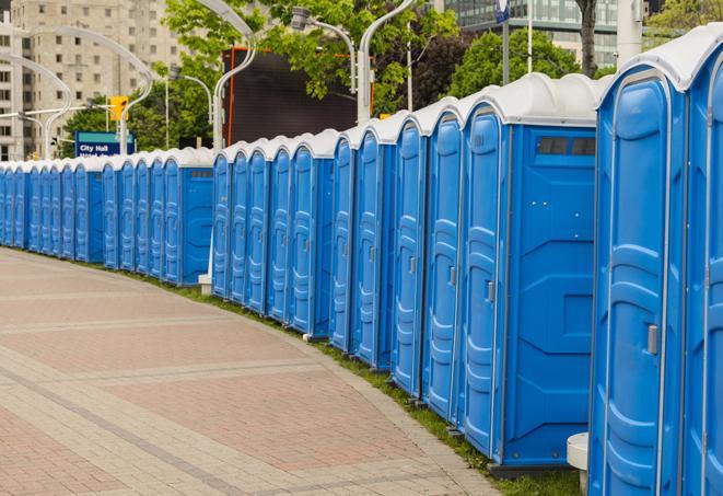 portable restrooms lined up at a marathon, ensuring runners can take a much-needed bathroom break in Adamstown